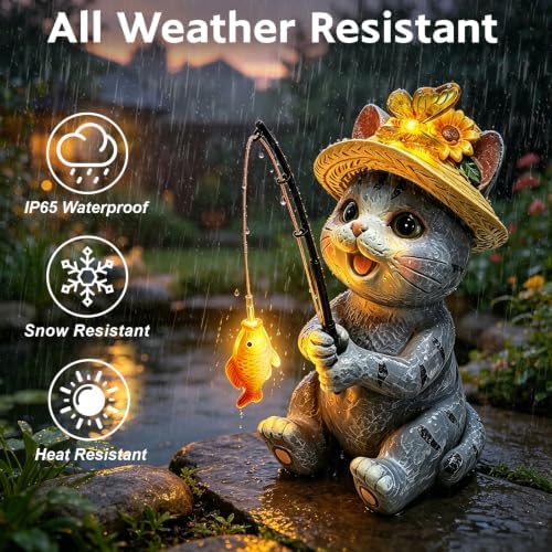 Solar Garden Cat Statues, Outdoor Fishing Cat with Butterfly Solar Lights