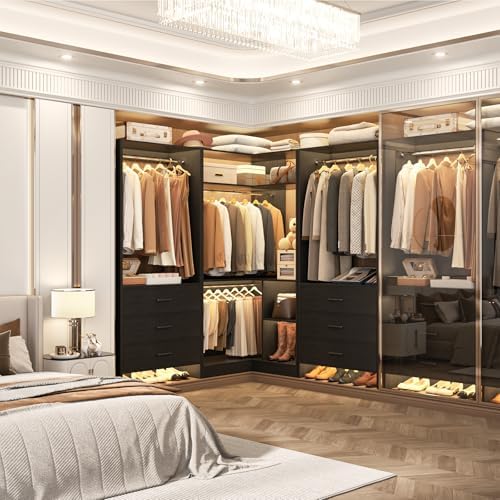 Aheaplus Closet System with 6 Drawers, 4 Hanging Rods & Corner Tower, Corner Closet System with Hanging,80.9" L-Shaped Walk-In Wardrobe Organizer, 2000+ lbs Capacity, Set of 3, Black