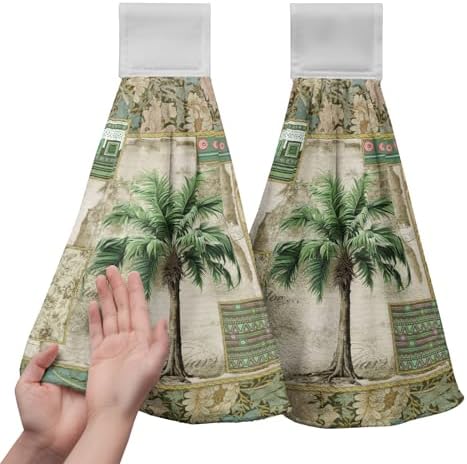 Palm Tree Hanging Hand Towels Set of 2 Vintage Tropical Leaves Green Jungle Plant Kitchen Towels with Hanging Loop Botanical Dish Towels Soft Absorbent Fingertip Bath Tie Towel for Bathroom