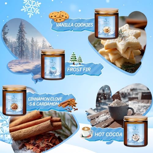 Christmas Candles, Winter Scented Candles for Home, 4 Pack Holiday Natural Soy Candles, Gifts for Women Men, Fragrance of Fir/Hot Cocoa/Vanilla Cookies/Cinnamon