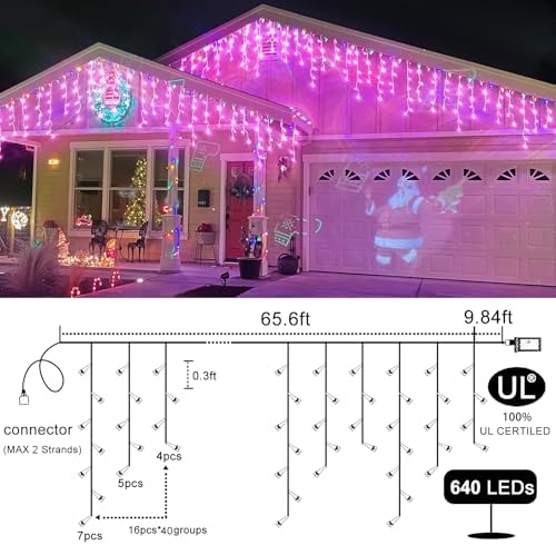 Icicle Christmas Lights Outdoor 66FT 640 LED Pink Christmas Lights
