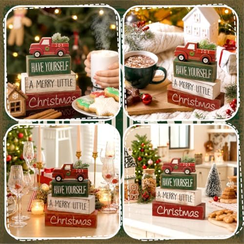Lineshading 4 Pcs Wooden Christmas Tabletop Decor Red Truck Tiered Tray Decor Christmas Centerpiece Decorative Red Truck Block Signs Gift Farmhouse Winter Table Decoration for Home Kitchen Shelf