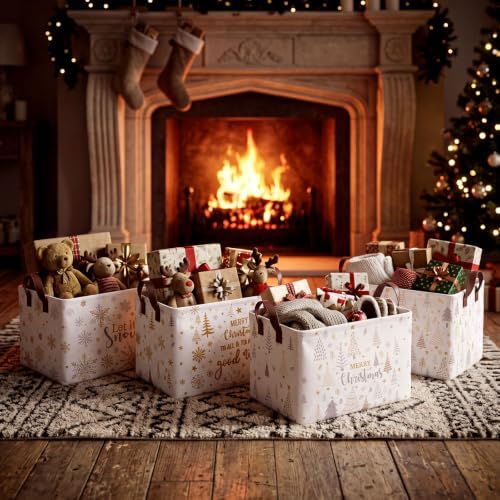 CHENGU 6 Pack Christmas Storage Basket Collapsible Christmas Wishes Basket for Gifts Holiday Decor Let It Snow Sign Large Gold Bin Foldable Xmas Tree Box with Handle for Bedroom Office Home