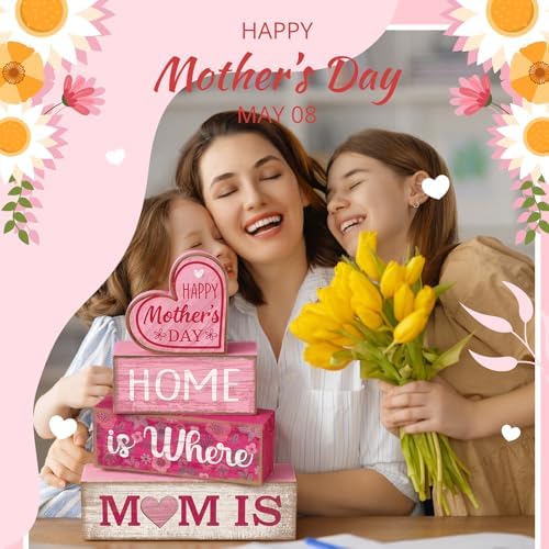 Lineshading 4 Pcs Wooden Block Signs Mothers Day Farmhouse Tabletop Decor