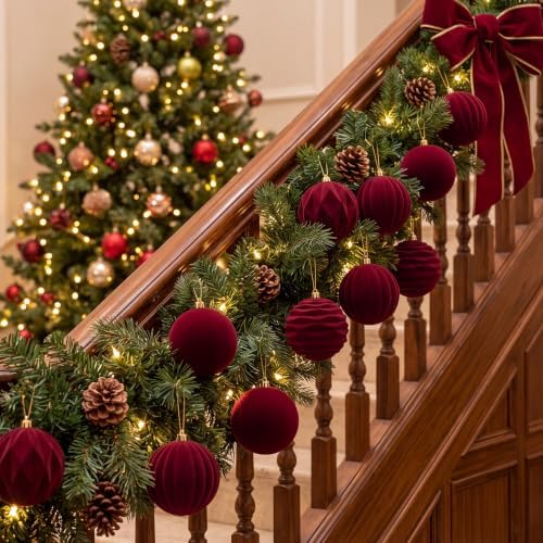 Liliful 3.15 Inch 12 Pcs Velvet Christmas Ornaments Balls, Burgundy Red