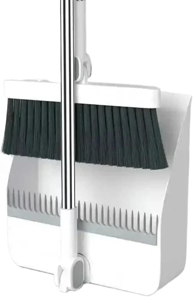 Foldable Broom and Dustpan Set, Compact Wall Mountable with Extra Stiff Bristles for Easy Storage & Cleaning (White)