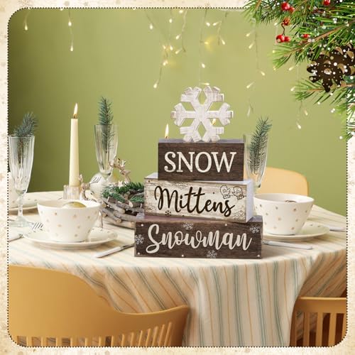 Moucuny 4 Pcs Wooden Snowman Block Signs Farmhouse Table Decoration