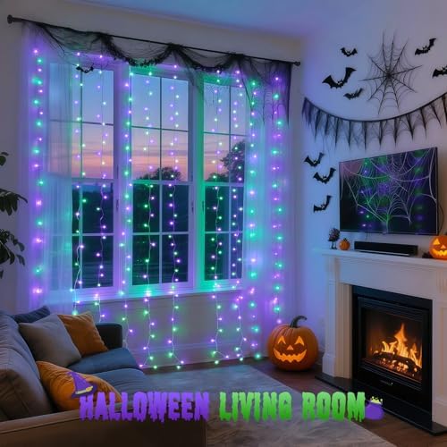 JMEXSUSS 300LED Purple & Green Curtain Lights for Halloween Decor, Plug in