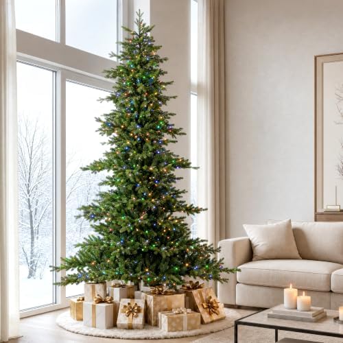 Glitzhome 9ft Prelit Artificial Christmas Tree, Full Realistic Green Glow Berry Fir Xmas Tree with 900 Warm White and Multi-Color Lights, 9 Functions with Foot Pedal, Simple Setup for Holiday Decor