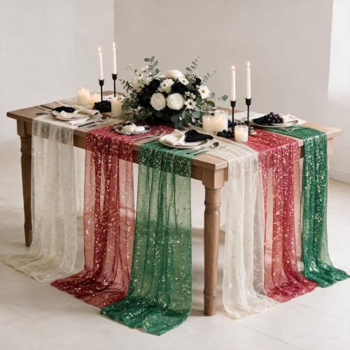 Artoid Mode 6PC Beige Red Green Gauze Table Runner 120 Inch 10FT, Glitter Metallic Foil Sheer for Wedding Anniversary Holiday Birthday Home Party Decor