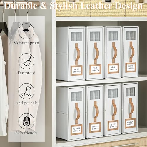 8 Pack Bed Sheets Organizers And Storage,Sheets Set Folder Keeper with Handle,Foldable Bedding Storage Box For Linen Closet,Duvet Cover(King Size-3.7 Gal,White)