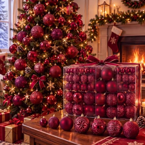100 Pcs Burgundy Christmas Ball Ornaments for Tree, 6 Styles in 4 Sizes