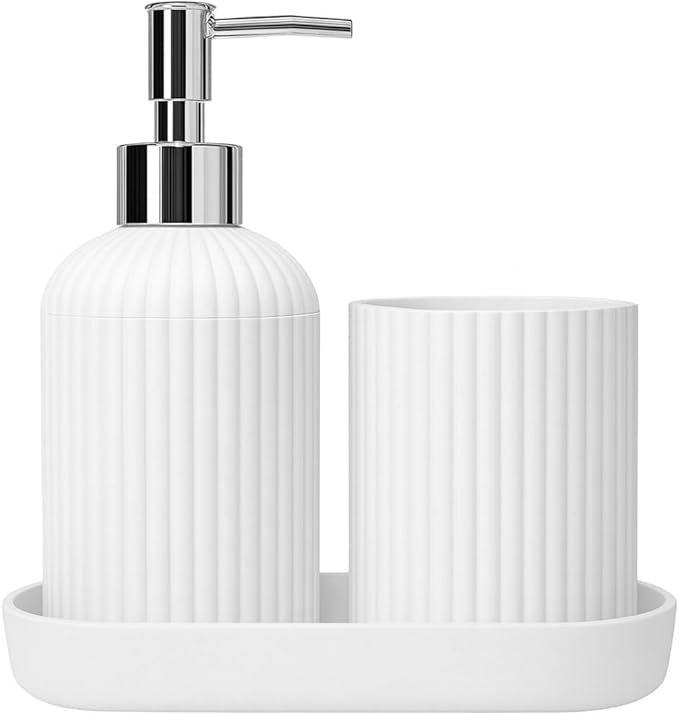 Bigining® Bathroom Accessory Set – 3pc Set Modern White Pump Bottle Plastic Toothbrush with Tray | Liquid Soap Dispenser & Toothbrush Holder Combo for Countertop Tumble