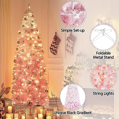 Yaheetech 7.5ft Pre-lit Snow Flocked Pencil Christmas Tree, Pink Gradient