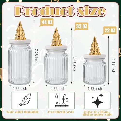 Mimorou 3 Set Christmas Glass Jars with Lids 44oz 33oz 22oz Ceramic Christmas Tree Candy Jars Airtight Xmas Glass Food Storage Containers for Xmas Party Tea Cookie Snacks Sugar