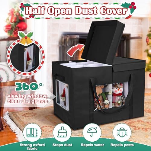 Christmas Figurine Storage Box, 24”x18”x15” Ornament Storage Box, 2025 UpgradeNutcracker Storage Box, Figurine Storage with Dividers, Adjustable Extent Area for Figurines and Pocket, Black