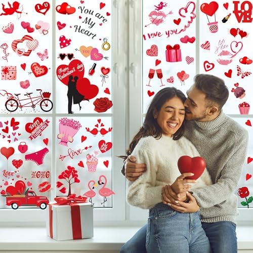 Valentines Day Decor Window clings 10 Sheet for Glass Windows Double-Sided Valentines Day Decorations Heart Window Decal