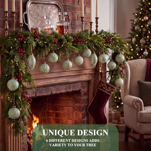 Syhood 18 Pcs Sage Green Christmas Mercury Glass Balls Ornaments, 6 Styles
