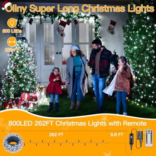 Ollny Christmas Lights 262FT 800LED, Plug-in Outside Tree Lights with Timer and 8 Modes, Remote Control Waterproof Dimmable Outdoor String Light for House Yard Patio Xmas Decorations(Cool White)