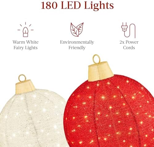 Best Choice Products 2pc Lighted Pop-Up Outdoor Christmas Ornament Set, Holiday Ball Decoration w/ 180 LED Lights, 8 Light Functions - Red/White