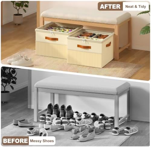 Shoe Organizer for Closet,2 Pack Foldable Shoe Storage Organizer Box Bin with Adjustable Dividers and Clear Cover, Fits up to 16-32 Pairs（Beige）