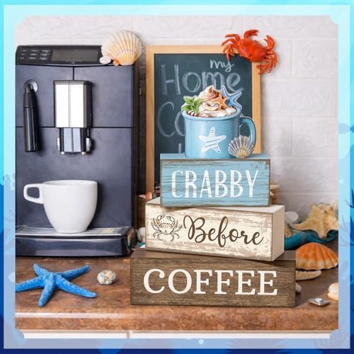 Lineshading 4 Pcs Coffee Beach Decor Wooden Blocks, Coastal Tiered Tray