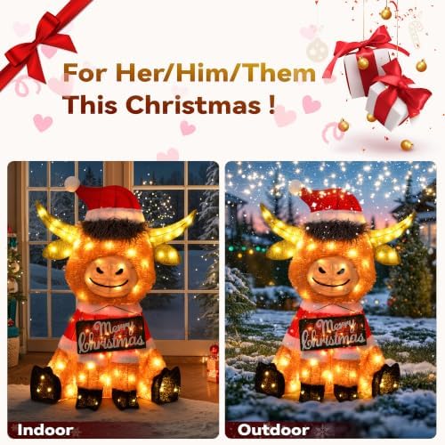 3D Lighted Highland Cow Outdoor Christmas Decor with Timer&Remote Control