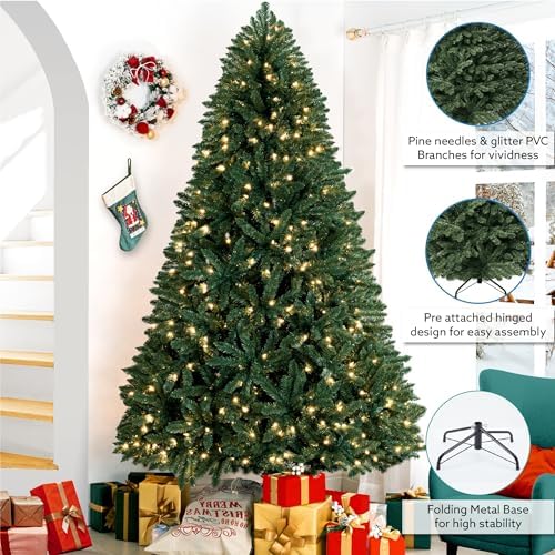Naomi Home Prague 7.5ft Prelit Artificial Christmas Tree with Foot Pedal, 1717 Branch Tips, 550 Warm Lights and Metal Stand, 56" Wide Realistic Spruce Christmas Tree with Lights