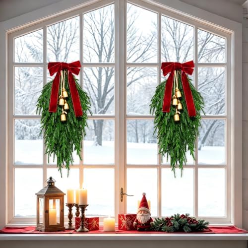 Christmas Teardrop Swag, Christmas Pine Needles Front Door Wreath,Bow Bells