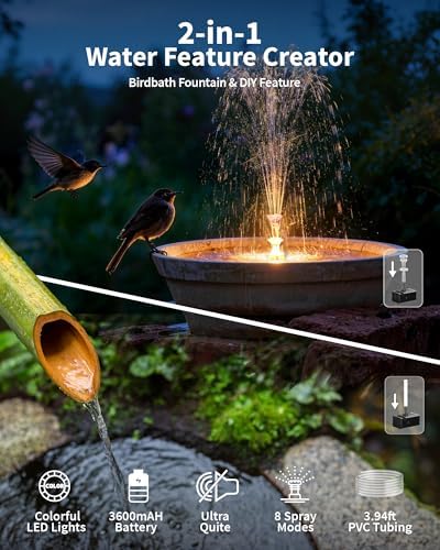 POPOSOAP 8W Solar Fountain Pump with 3200mAh Battery Backup & LED Lights, Solar Water Fountain Kit with 8 Nozzles & PVC Tubing for Bird Bath, Pond, Fish Tank, Backyard Decor P108DL