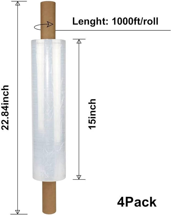 BOMEI PACK Stretch Film Wrap - Industrial Clear Plastic Stretch Wrap 1000 Feet 80 Gauge 4 Packs with Handle, Pallet Wrap for Packing, Moving Supplies, Packing Wrap Plastic Roll 15 Inches