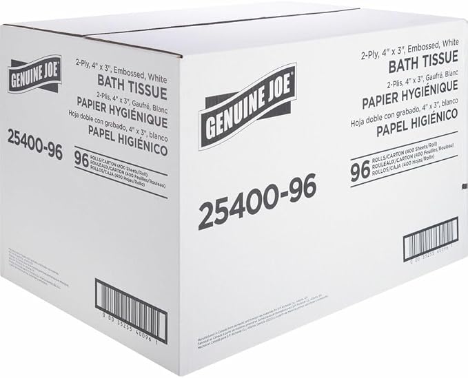 Genuine Joe Standard Bath Tissue, 3" x 4", 2-Ply, 400 Sheets/Roll, 96 Count