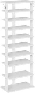 HOOBRO 10 Tiers Vertical Shoe Rack, Wooden Shoe Storage Organizer with Hooks, Narrow Shoe Tower for 20 Pairs, Space Saving, for Entryway, Living Room, Bedroom, White WT140XJ01