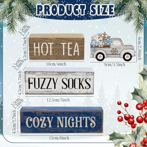 Lineshading 4 Pcs Snowflake Truck Tiered Tray Decor Wooden Block Signs