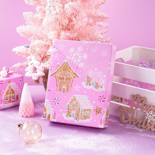 WRAPAHOLIC 30 Inch Reversible Gingerbread Christmas Wrapping Paper - 30 Inch x 33 Feet - Pink Gingerbread House and Snowflake with Embossed for Christmas, Holiday, Party Celebration