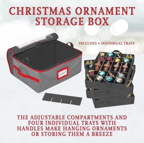 HOLDN’ STORAGE Christmas Ornament Storage Box with Dividers - Fits 96-3” Ornaments, 4 Removable Trays, Durable & Space-Saving, Clear Top Lid, Convenient Storage Designed, Grey