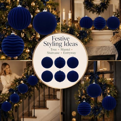 Hollowfly 6 pcs 6 Inch Navy Blue Large Velvet Christmas Balls Ornaments