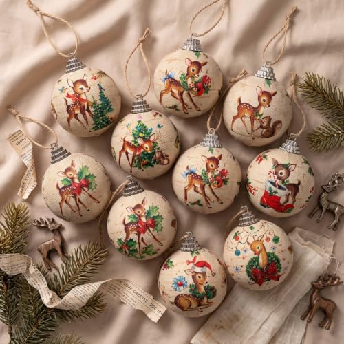 Outus 16 Pcs Vintage Reindeer Christmas Tree Ball Ornaments, Retro Christmas Decorations for Farmhouse Xmas Tree, Hanging Elk Ornaments for Home Fireplace Holiday Party Decor