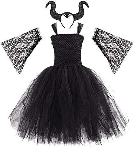 OBEEII Kids Girls Witch Costume Handmade Knitted Tulle Dress Evil Queen Dress Up Costume for Halloween Carnival Cosplay