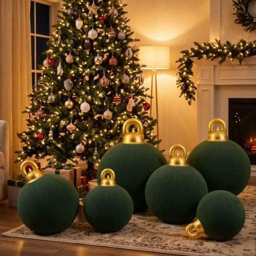 Jenaai 6 Pcs Dark Green Giant Velvet Christmas Inflatable Ball Ornament
