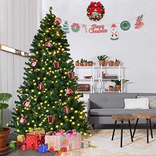 HAPPYGRILL 7.5FT Pre-lit Christmas Tree Artificial Hinged Xmas Tree for Home Holiday Décor, Metal Stand PVC Material 400 LED Lights, 1346 Branches Easy Setup & Storage