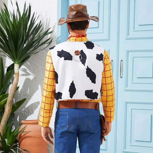 Cowboy Sheriff Costume Men's Plaid Button Down Shirt with Vest Bandana Star Badge Halloween Sheriff Cosplay Outfits