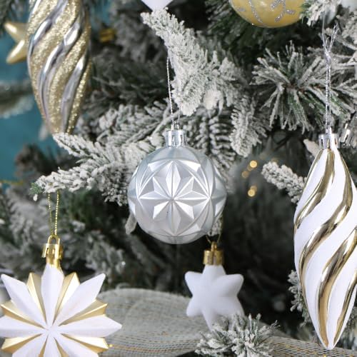 82Pcs Christmas Tree Ornaments Set,Shatterproof Christmas Decorations for Tree Assorted Plastic Craft Baubles Snowflake Ball Ornaments with Durable String for Holiday Party Decor (Gold & White)