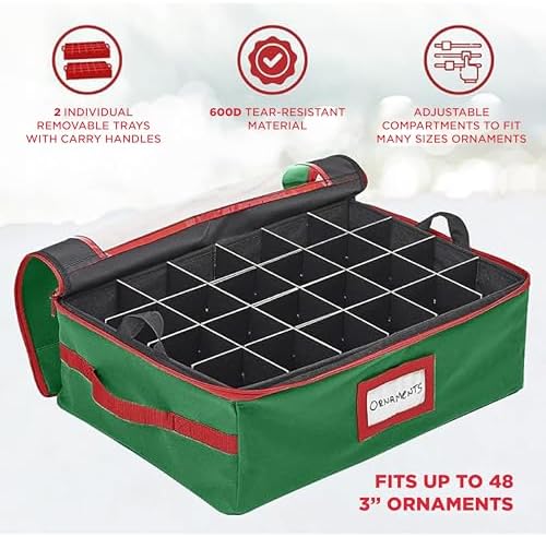 HOLDN’ STORAGE Christmas Ornament Storage Box with Dividers - Fits 48-3” Ornaments, 2 Removable Trays, Durable & Space-Saving, Clear Top Lid, Fits Underbed, Green