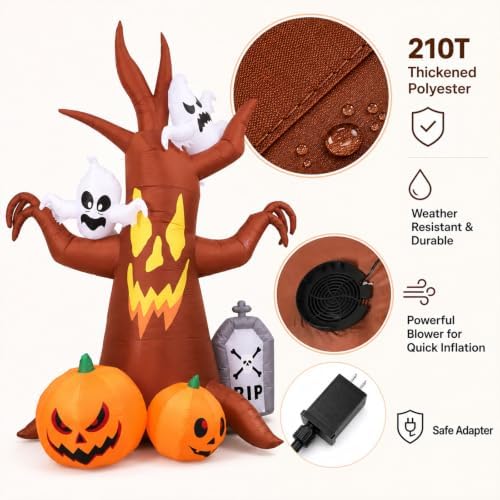 8FT Halloween Inflatable Ghost Tree Decoration with Pumpkin Ghost Tombstone