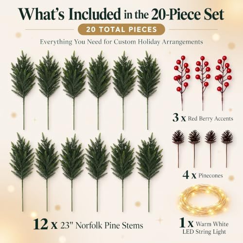 20-Piece Set 23" Norfolk Pine Stems, Norfolk Pine Branches with LED Lights
