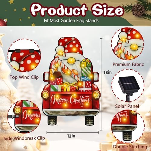 12x18 Lighted Christmas Dwarf Garden Flag, 8 Modes Solar LED