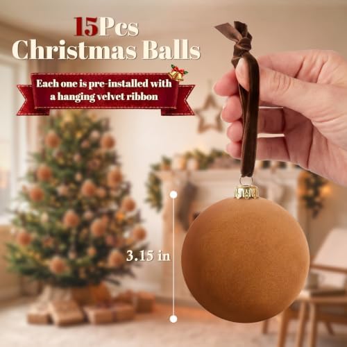 TOWPONICS 15 Pcs Brown Velvet Christmas Balls, 3.15 Inch Large Velvet Ornaments for Christmas Tree, Shatterproof Flocked Ornaments Balls for Tree, Holiday, Wedding, Family, Elegant Christmas Decor