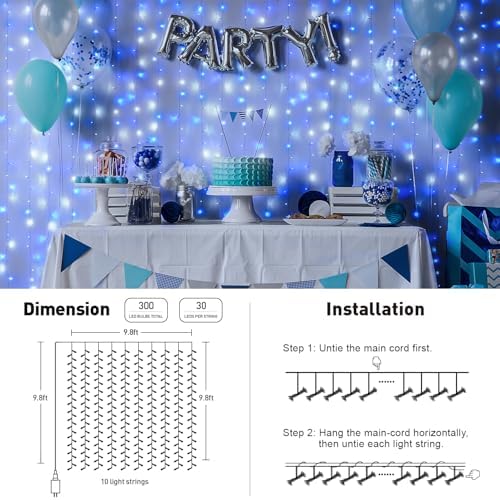 JMEXSUSS 300LED Christmas Curtain Lights Plug in, Blue and White, 9.8x9.8ft