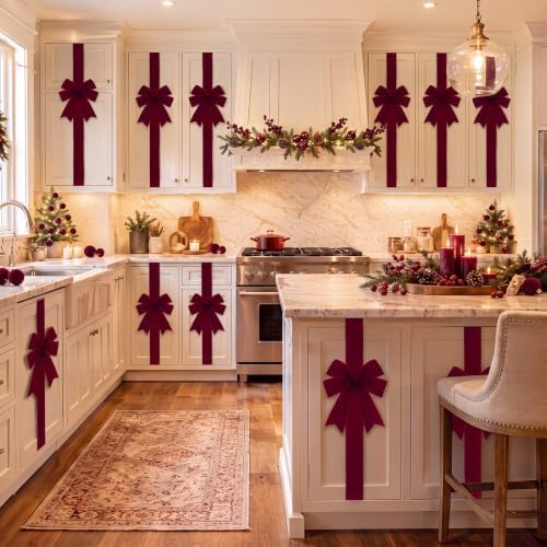 Daifunli 6 Pcs Dark Red Velvet Christmas Cabinet Bows Ribbons for Kitchen